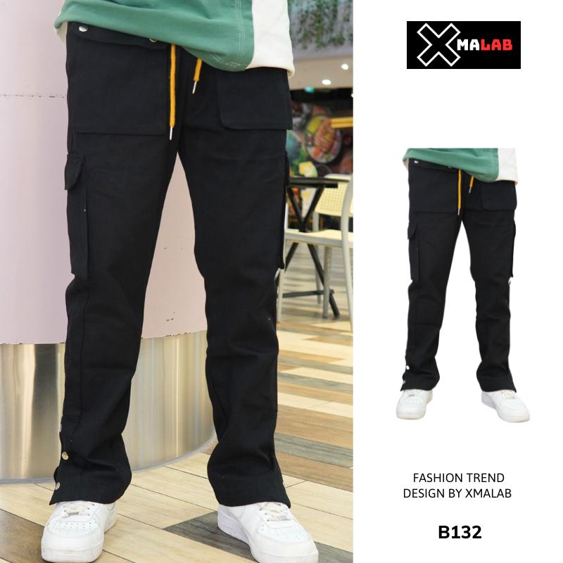 Quần kaki túi hộp nam Xmalab ống rộng gấu xẻ cúc bấm cạp chun dáng đứng ống suông cargo pants B132