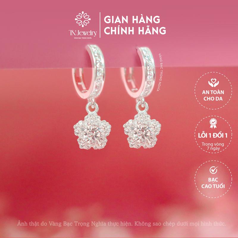 Bông tai nữ, tòng ten nữ bạc ý cao cấp, dày dặn hoa mai năm cánh đính đá, đeo hàng ngày - BT 1178