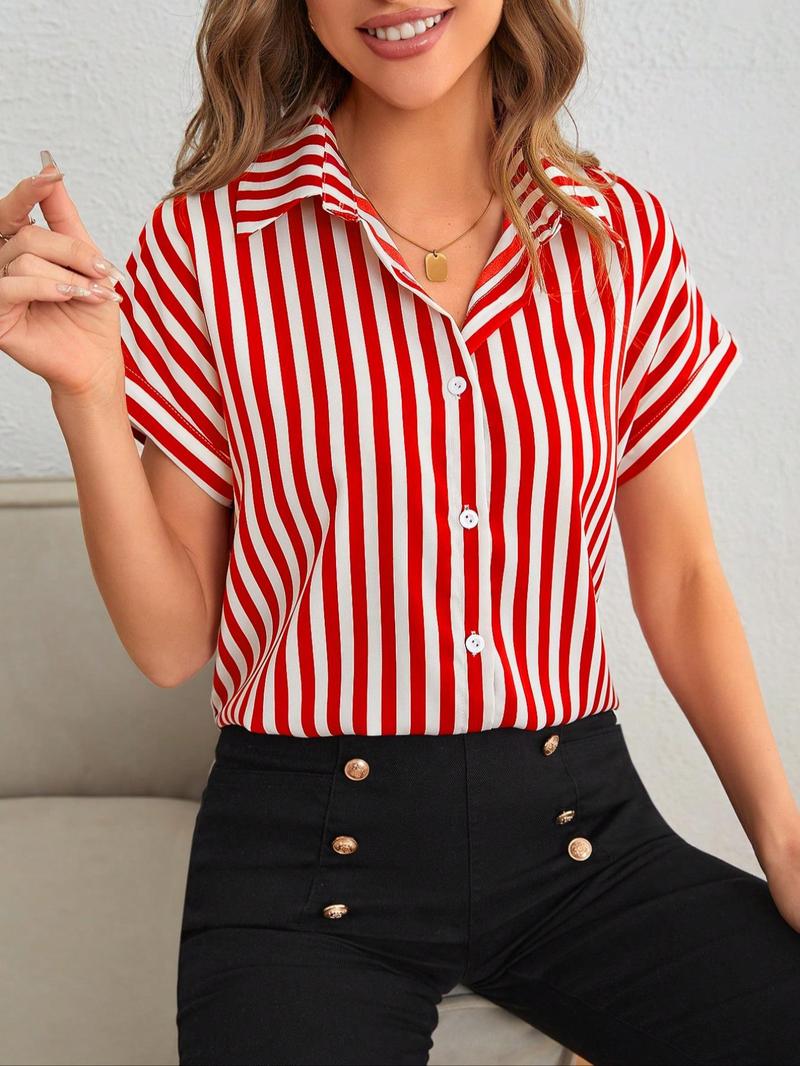 Product Introduction of Women's Striped Print  Shirt, Casual Short Sleeve Collared Top for Summer, Women's Clothing for Daily Wear 5
