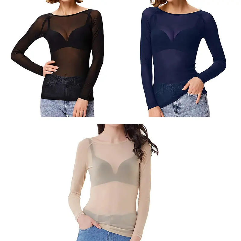 Áo Mỏng, Gợi Cảm, Xuyên Thấu, Lưới Đen, Áo Chui Đầu, Cổ Tròn, Dài Tay, Trong Suốt, Áo Phông Câu Lạc Bộ Punk 7