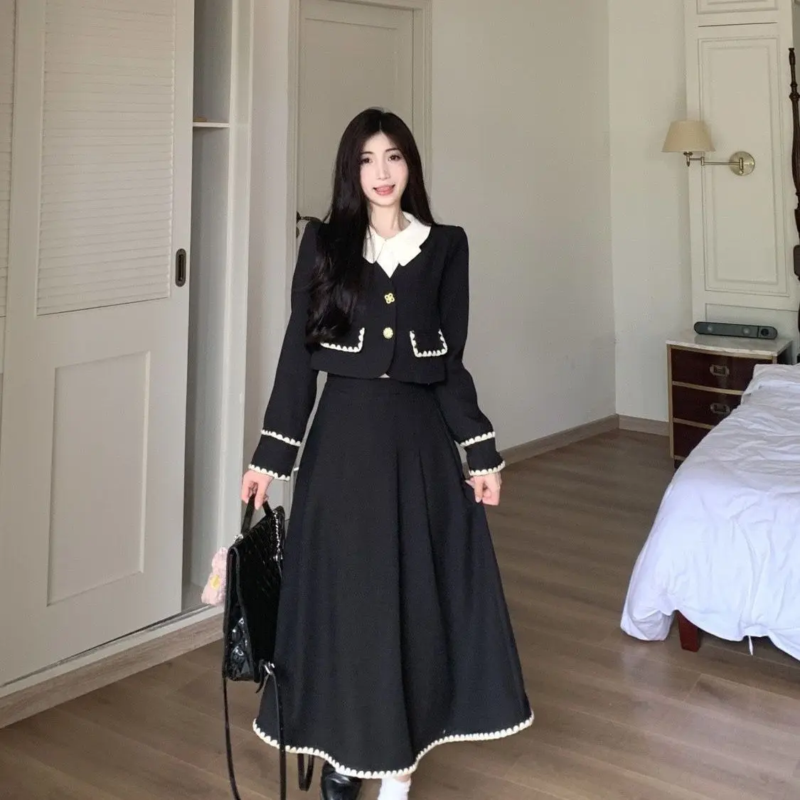 Autumn Classic Style Elegance Retro All-Matching French Hepburn Style Patchwork Top + Skirt Two-Piece Suit for Women Overalls Slim Lingerie Lady Basic Minimalist Womenswear Comfort Longsleeve