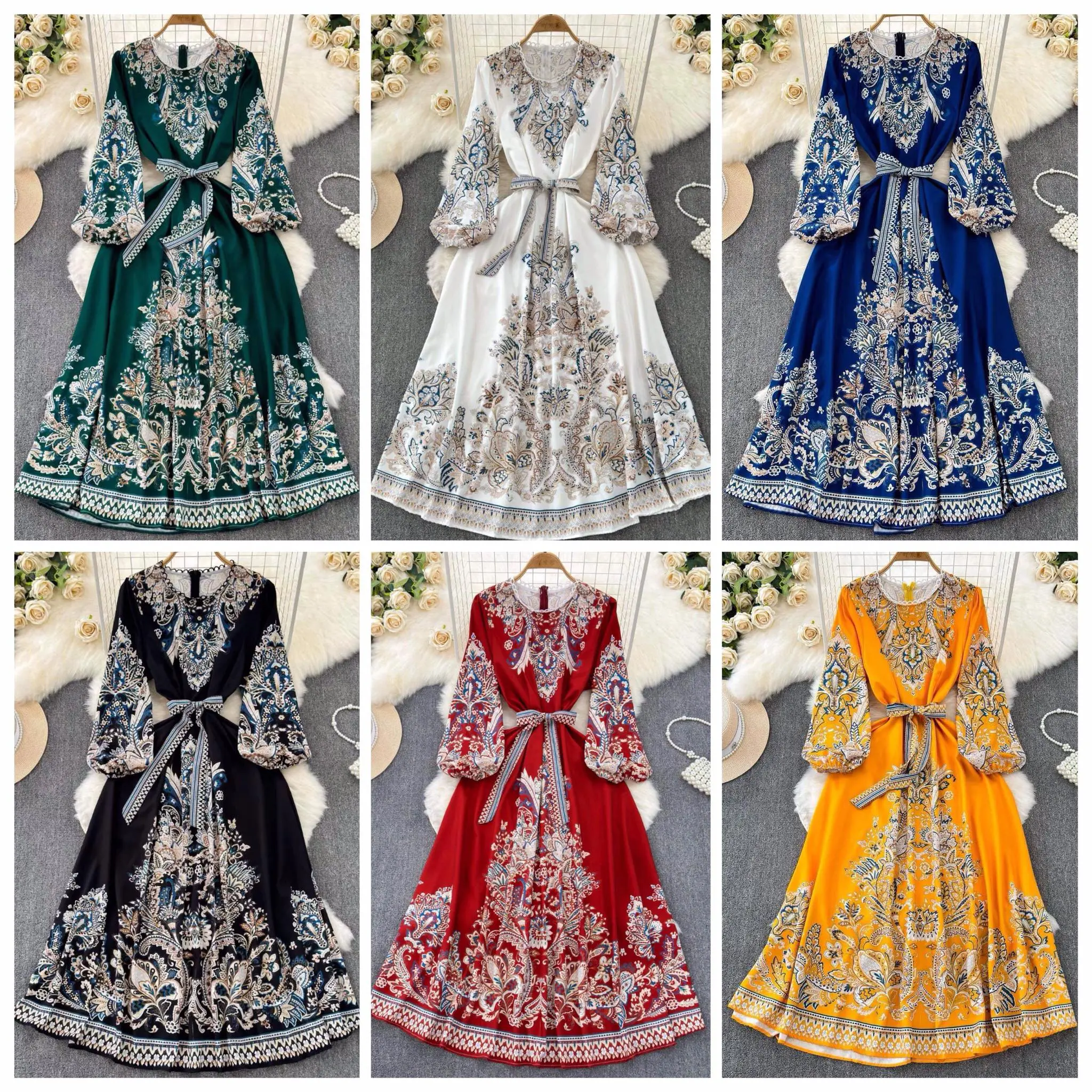 Fashion longsleeve maxi dress paisley print dress vintage maxi dress