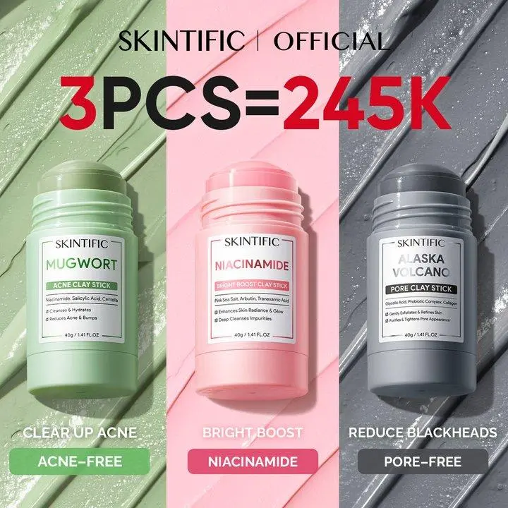 [Special 10.10 Tasya Farasya] SKINTIFIC 3pcs set Niacinamide Bright Boost Clay Stick Mugwort Acne Clay Stick 40G  Masker Wajah Masker Komedo Ampuh Penghilang Jerawat Acner Eksfoliasi Wajah Green Clay Masker Wajah Stick Glowing Kecantikan Skincare 0