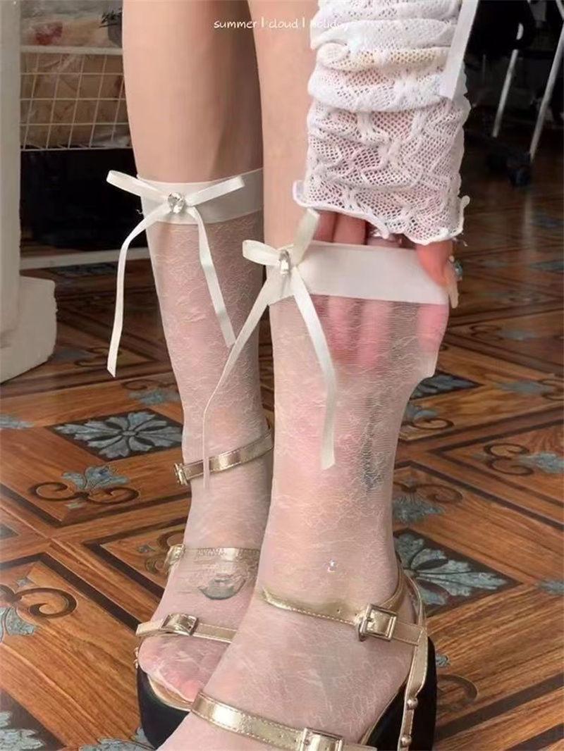 Product Introduction of New thin socks, summer ballet style, thin and versatile, rhinestone bow stockings, lace socks 0