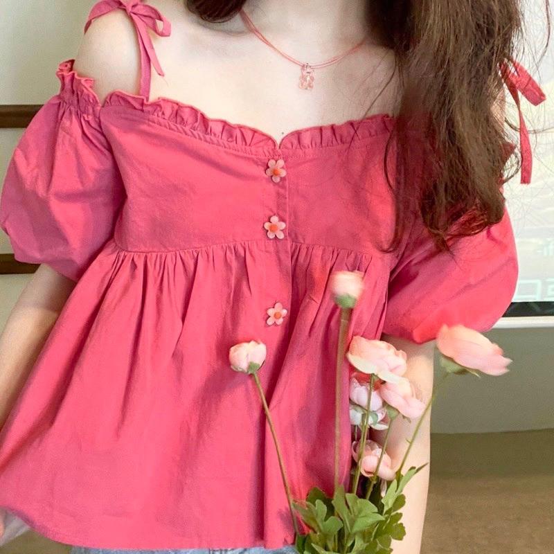  Áo Baby Doll Trễ Vai Tay Bồng Thắt Nơ Cài Cúc Hoa Xinh Xắn Top Nữ Sơ Mi Shirt 