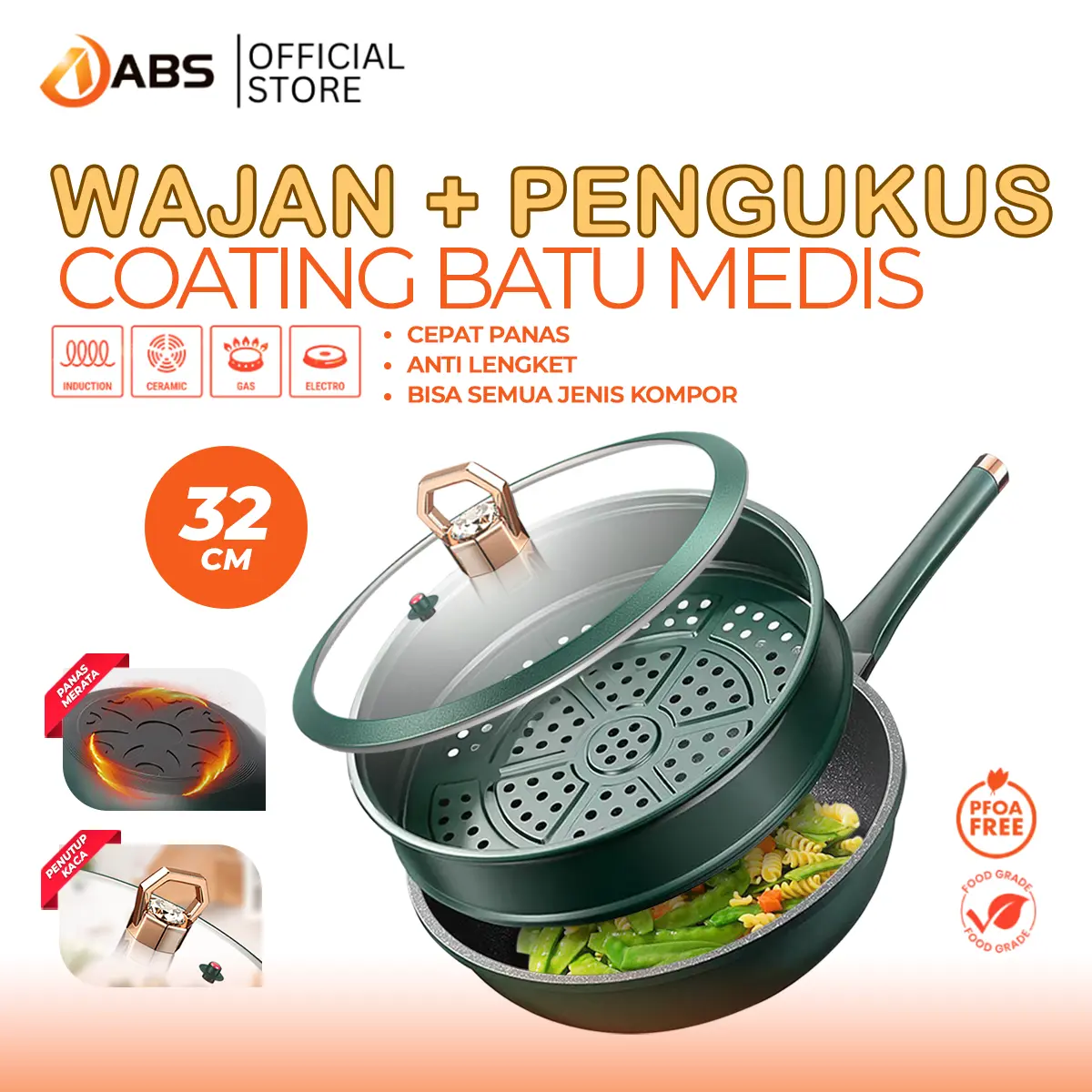 ABS [COD] EMERALD GREEN WAJAN BATU MEDIS DENGAN STEAMER ANTI LENGKET HIJAU PREMIUM PANCI KUKUS SERBAGUNA 32cm Kitchenware