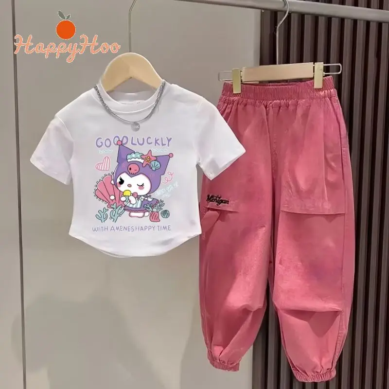 Hyo girls suit girls fashionable Kuromi suit girls short sleeve suit girls hip hop suit girls cropped girls clothes T-shirt + cargo pants