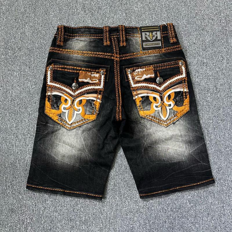 Quần short jean nam , hoạ tiết thêu túi chỉ cam , nút hợp kim không gỉ sét, túi thêu phối da , chất jean denim có độ co giãn nhẹ