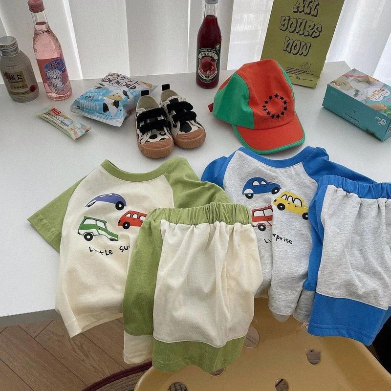 Bộ Đồ Cotton Mùa Hè Cho Trẻ Em, Bộ Sưu Tập Mới 2024, In Hình Hoạt Hình, Ngắn Tay, Cho Bé Trai Và Bé Gái, Quần Đùi Màu Tương Phản, Bộ Hai Mảnh 7