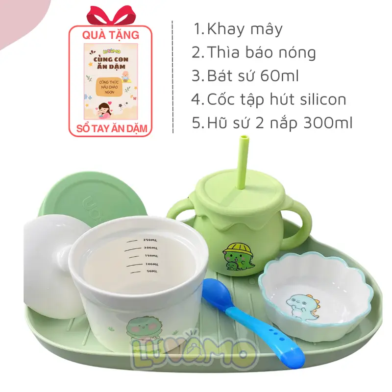 Bộ bát ăn dặm cao cấp cho bé kèm cốc tập hút, bát sứ, thìa cho bé màu sắc đa dạng nghộ nghĩnh Luvamo Kem Voi hũ thủy tinh bát  thìa  ăn  dặm  cho  bé 1