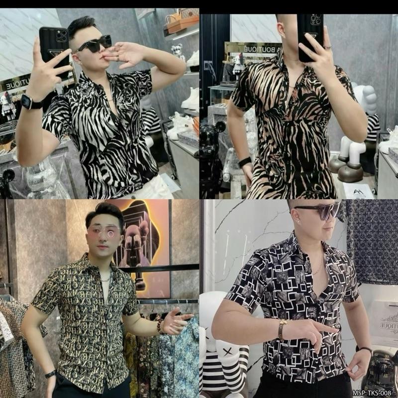 Áo sơ mi Nam 3D ngắn tay hoạ tiết chữ vàng trên nền đen -HUY CHUYÊN NAM ( 40-80kg) Menswear mặc Tết Noel