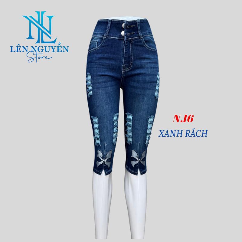 N16 [ Len Nguyen Store ] Quần Jean (Bò) Nữ Ngố 7 Tất, Lưng Cao 2 Nút,Dài 60-63cm, Màu Xám, Xanh, Size 42kg-75kg, Thiết Kế Thêu Nơ, Co Giãn, Mền Mịn, Bigsize, Hotgirl, Skinny, Ống Ôm,Trẻ Trung, Tự Tin, Dễ Phối Đồ. Women Denim Pants