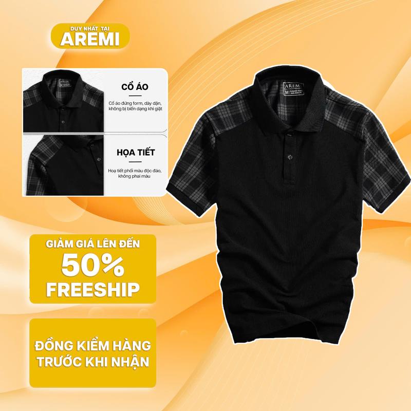 Áo polo đen nam tay ngắn cổ trụ phối caro AREMI vải cotton cá sấu co giãn 4 chiều cao cấp APL0038 Menswear Ngắn Tay Cộc Tay Có Cổ