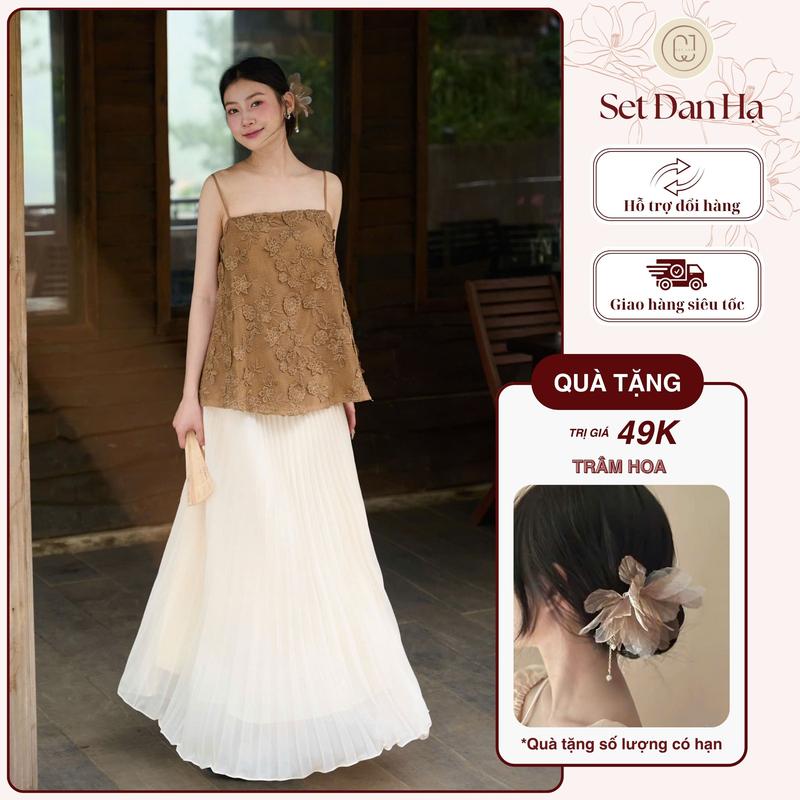 [Tặng trâm hoa] Set áo 2 dây ren dệt hoa nổi mix chân váy xoè quạt Đan Hạ điệu đà, thanh lịch Cayleo Design - AV877
