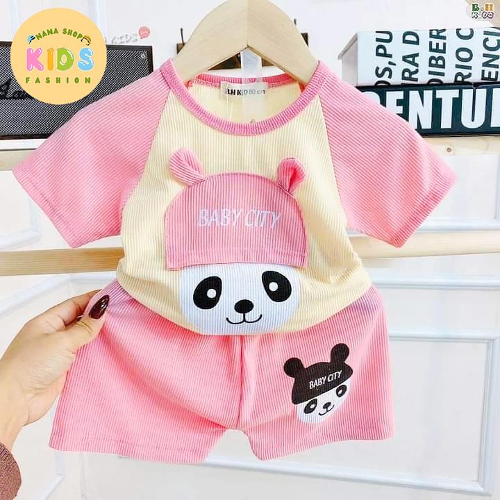 [5 bộ cộc tay] Bộ đồ cho bé trai bé gái chất thun tăm in hình gấu trúc mũ to cho bé từ 5-16kg - B21 3