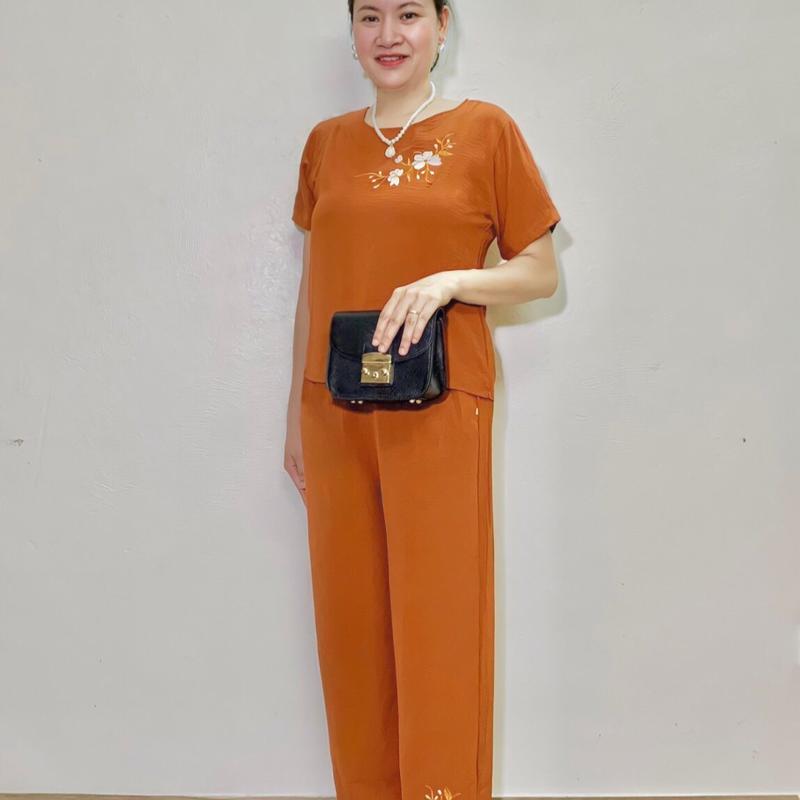 Đồ Bộ Trung Niên, Bộ Tay Cộc Áo thêu Hoa Mai Quần Dài thêu hoa Nữ Women 4
