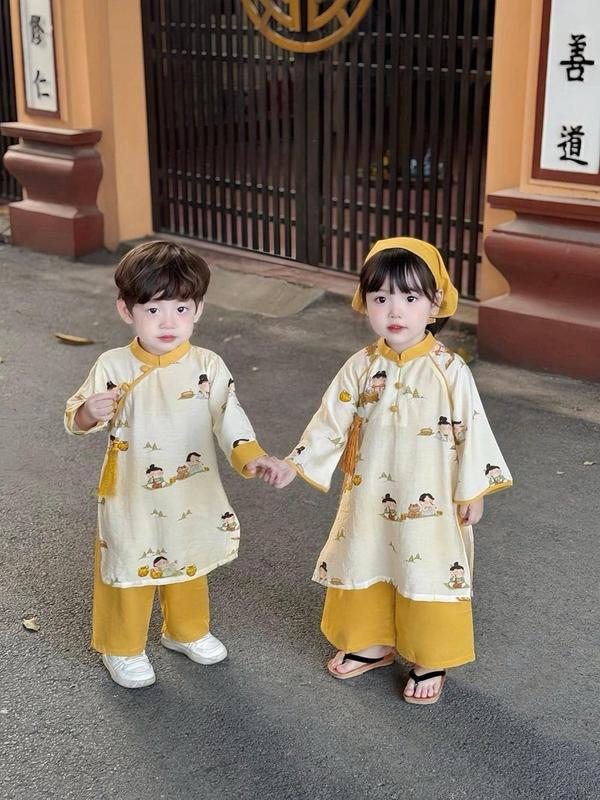 Kèm Quần Áo Dài Tết Cho Bé [H&H] Áo Dài Cách Tân Vải Lụa Cao Cấp Dành Cho Bé Trai Bé Gái Họa Tiết In 3D Kèm Khăn Cho Bé