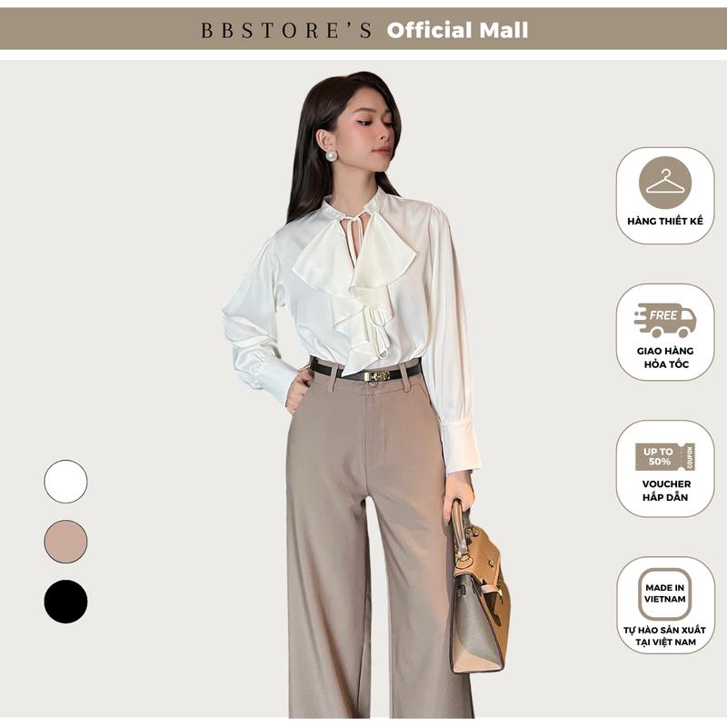 Áo Sơ Mi Lụa Công Sở Phối Viền Bèo Cột Nơ Tay Dài BBSTORE'S -CSA1454 Top Nữ Women Shirt Tay Loe