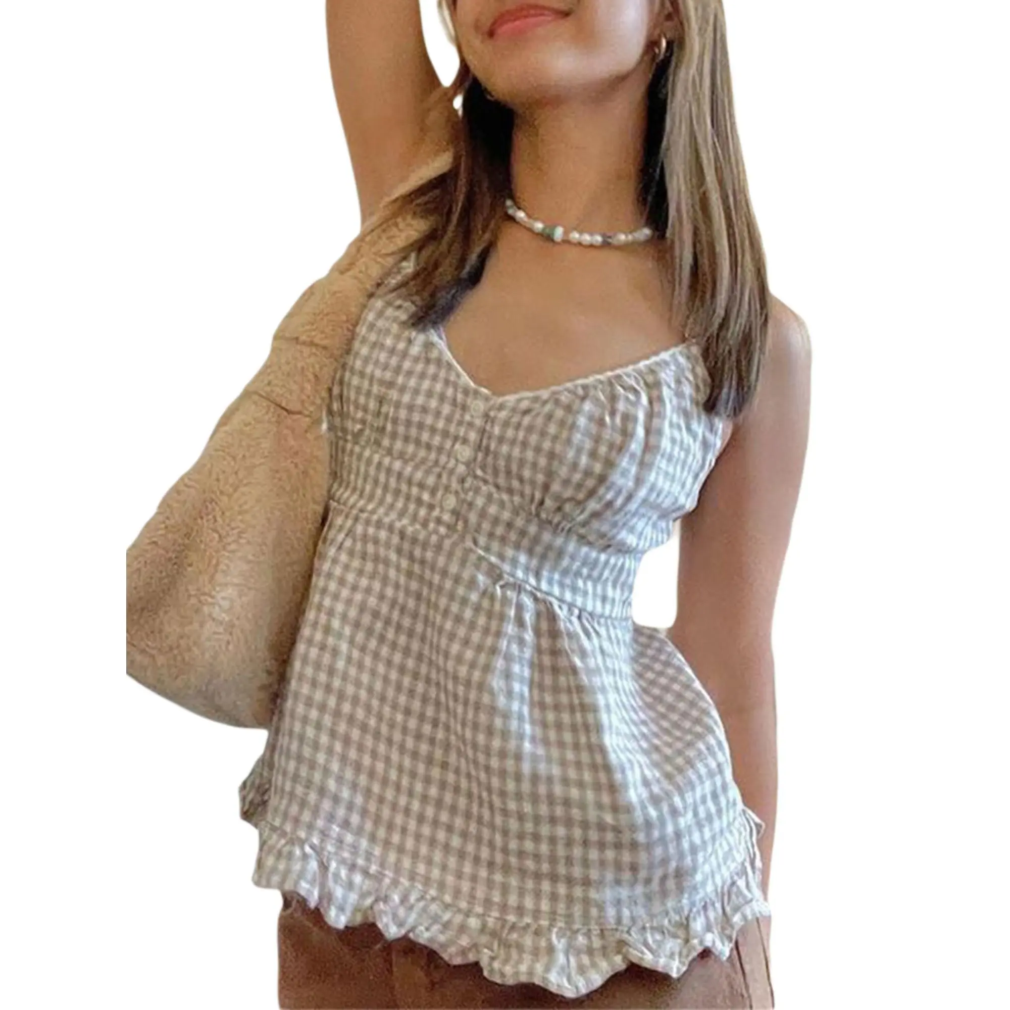 BIGMALL-Women´s Summer Casual Camisole Solid/Plaid Sleeveless Deep V Neck Ruffle Hem Sling Vest