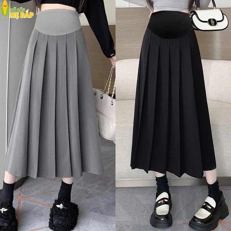 Chân váy bầu dáng dài xếp li bản to chất ruby Hàn cao cấp