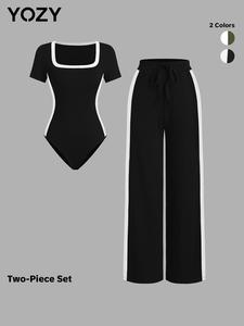 YOZY Women's Contrast Binding Bodysuit & Drawstring Waist Pants Two-piece Set, Casual Fashion Cozy Square Neck Short Sleeve Bodysuit & Wide Leg Trousers for Daily Outdoor Wear, Ladies Clothes for All Seasons