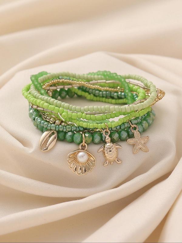 Boho Style Beaded Bracelet, Faux Pearl & Starfish & Shell Decor Charm Bracelet, Fashion Jewelry Accessories for Women & Girls 4
