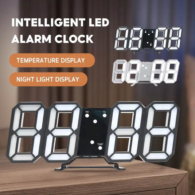 【Free Shipping】3D Digital Electronic Clock LED Wall Clock Modern Digital Alarm Clocks Desk Wall Decor Kitchen Office Table Desk Alarm Temperature Clock