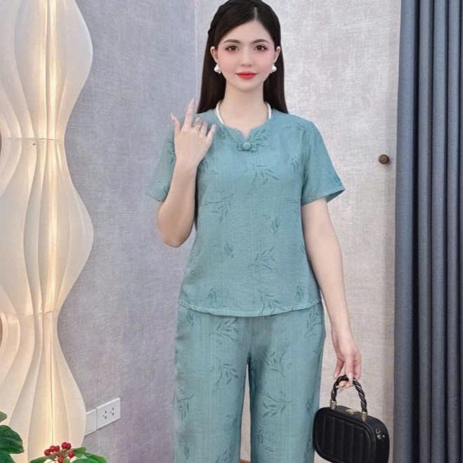 Bộ đồ trung niên, Đồ bộ mặc nhà B35 Loudra shop (jolle) đồ bộ mặc nhà quần dài áo cộc hàng đũi tơ, co giãn nhẹ mát, mềm mịn Có hoa Sen Xanh Nữ