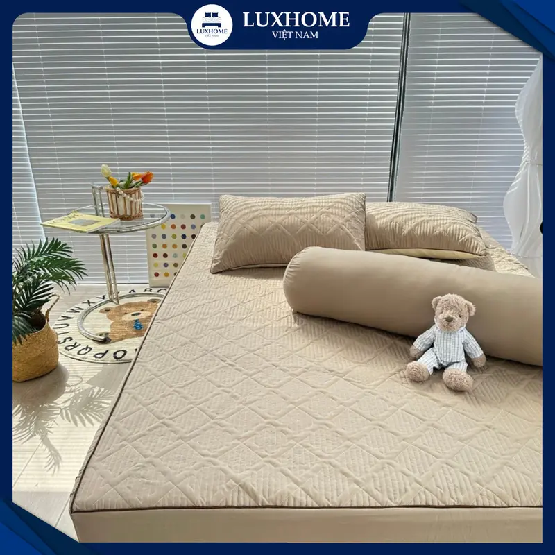 Bộ Chăn Ga Gối Chần 4 Món Cotton Phối Màu, Chất Vải Mềm Mát, Thoáng Khí, Thấm Hút Mồ Hôi 4