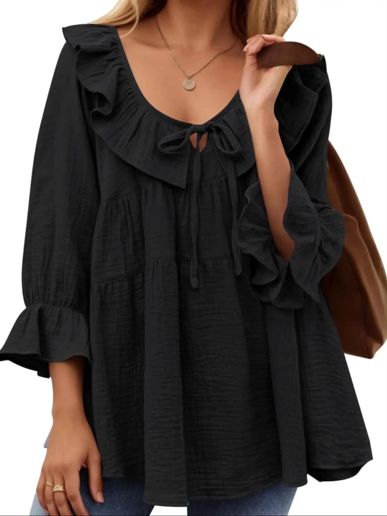 【Plus Size】 Solid Color Ruffle Trim Tie Front Tee, Casual Fashion Long Sleeve Low-neck Top for Daily Wear, Women's Clothing for All Seasons, Womenswear