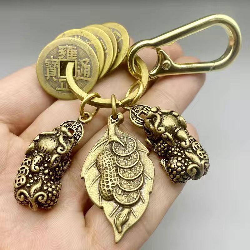 [Đồng Thau] Móc Khóa đồng xu 12 con giáp 5 món : cặp tỳ hưu, 5 xu, móc bấm (E-14) Móc Khoá Móc Chìa Khoá