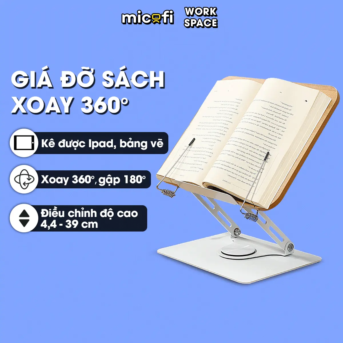 Giá Đỡ Sách, Giá Kê Sách Đế Xoay 360 Độ, Đỡ Điện Thoại, Ipad, Bảng Vẽ Có Kẹp Sách Bằng Gỗ, Thép Carbon
