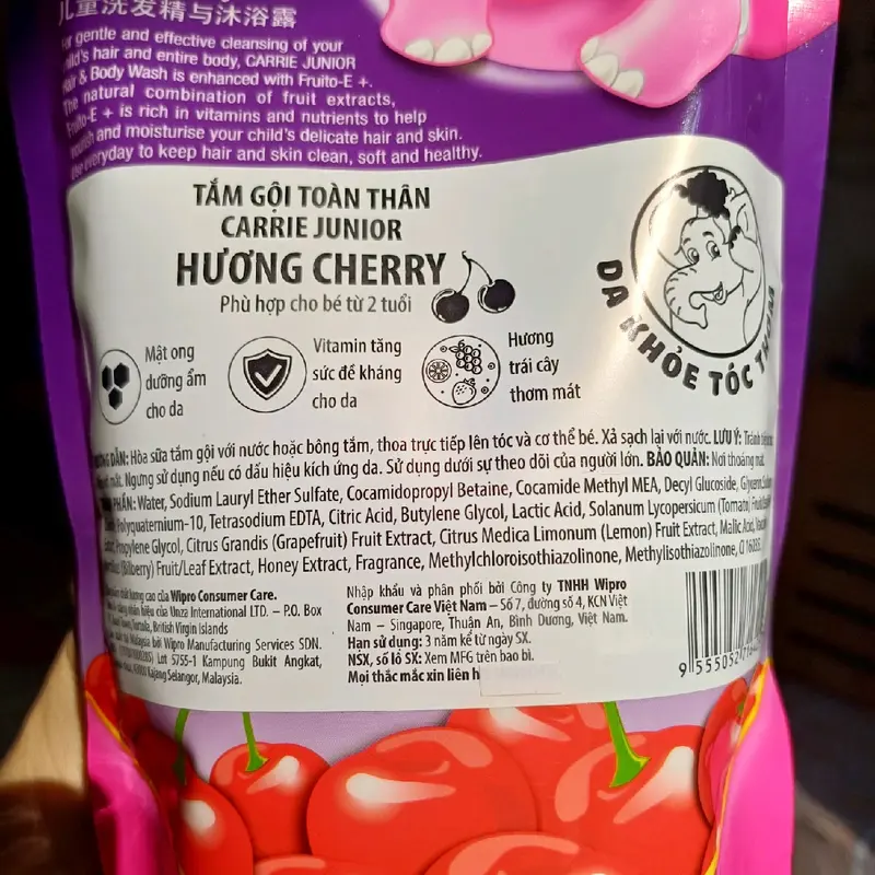 Bộ 2 túi sữa tắm gội (500gr x 2)cho bé từ 2 tuổi Carrie Junior hương Cheeky Cherry (HSD 2027) sữa tắm con voi 7