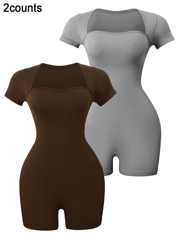Women's Basic Square Neck Sports  Romper, Pickleball & Tennis Clothes, Lady Sporty Back To School Short Sleeve Ribbed Romper, Ladies   Minimalistic Clothes for Indoor Outdoor Wear, Womenswear 4