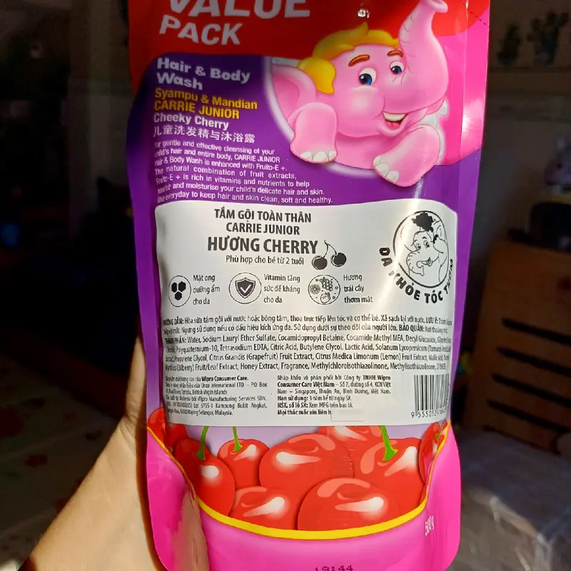 Bộ 2 túi sữa tắm gội (500gr x 2)cho bé từ 2 tuổi Carrie Junior hương Cheeky Cherry (HSD 2027) sữa tắm con voi 6
