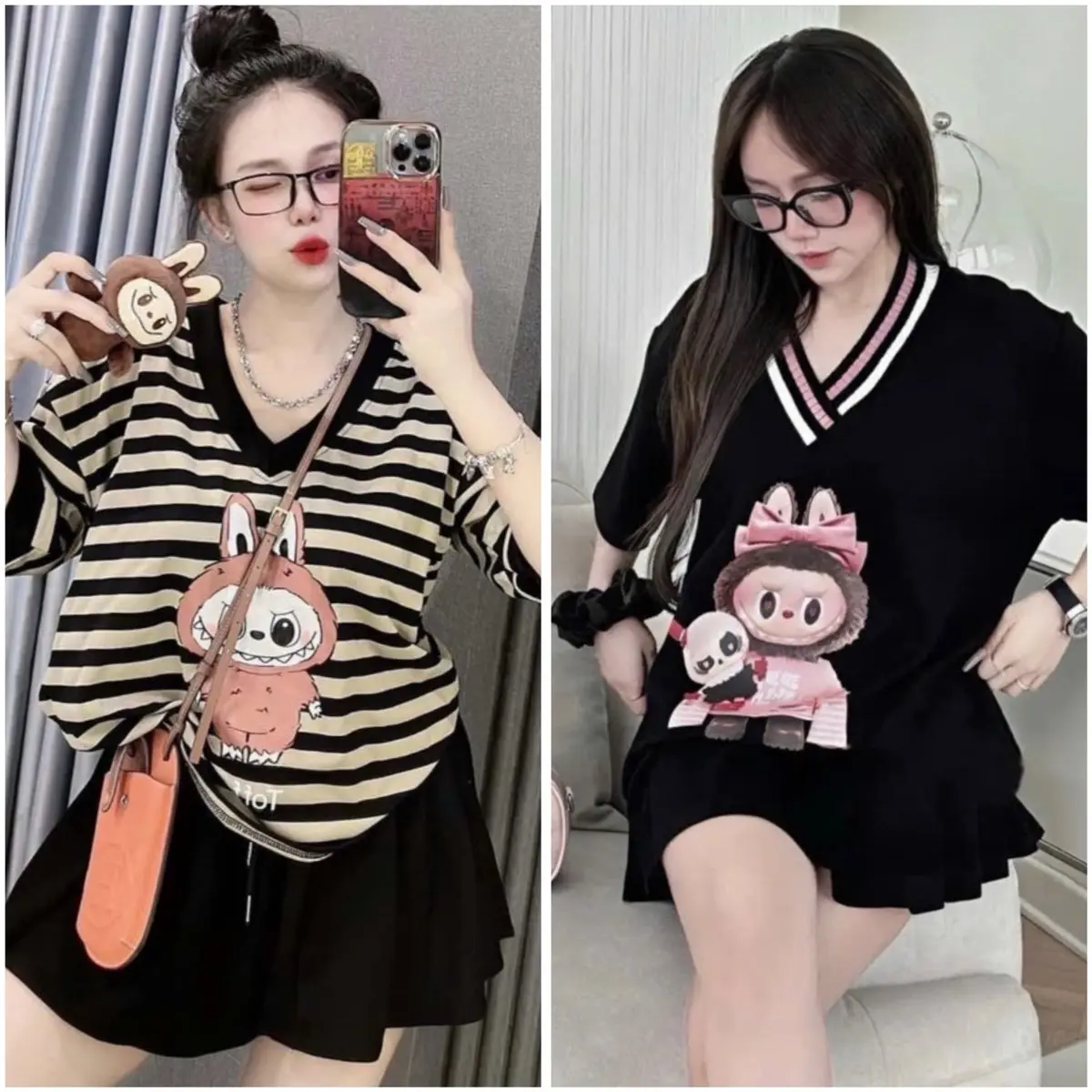SÉT BỘ LABUBU CỔ TIM MIX CHÂN VÁY XẾP LY XÒE LÓT QUẦN BÊN TRONG - CHẤT TĂM LẠNH ( Full-size :40-90kg ) Nữ Women