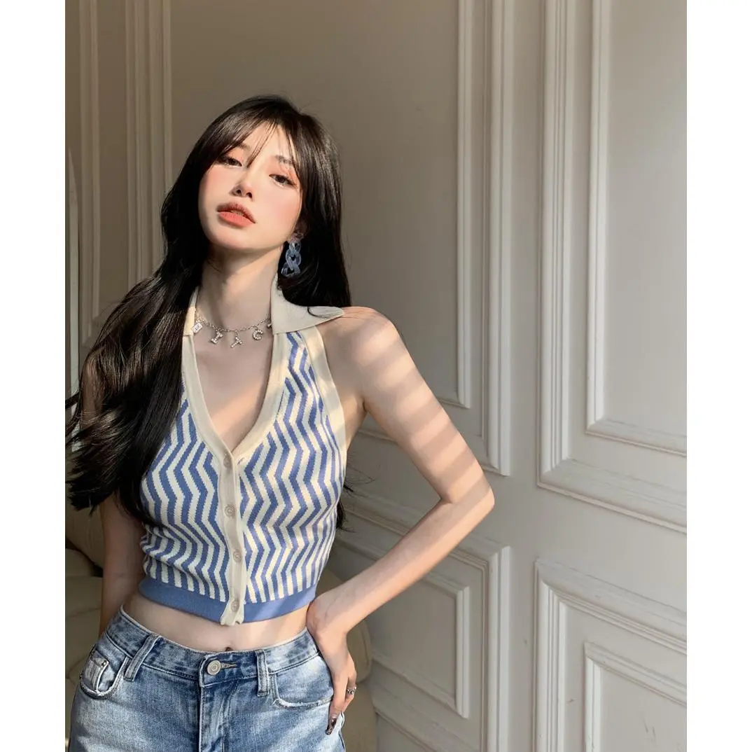 Áo Vest Hai Dây Dệt Kim, Cổ Yếm Sọc, Gợi Cảm, Dành Cho Nữ, Mặc Mùa Hè, Áo Mặc Bên Ngoài Ngắn, Có Thể Mặc Bên Trong Áo
