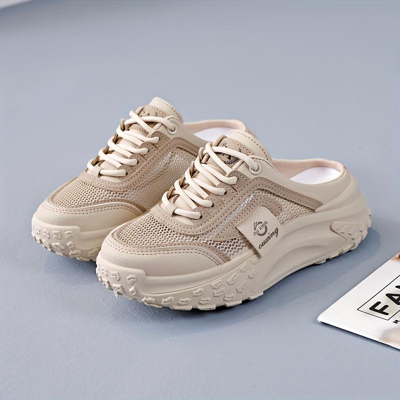 Product Introduction of Women's Breathable Mesh Slip-On Sneakers - Casual Lace-Up, Mid-Heel, Summer Fashion Shoes with Round Toe & TPU Sole, Outdoor, Half Slip-on, Leisure Style 2