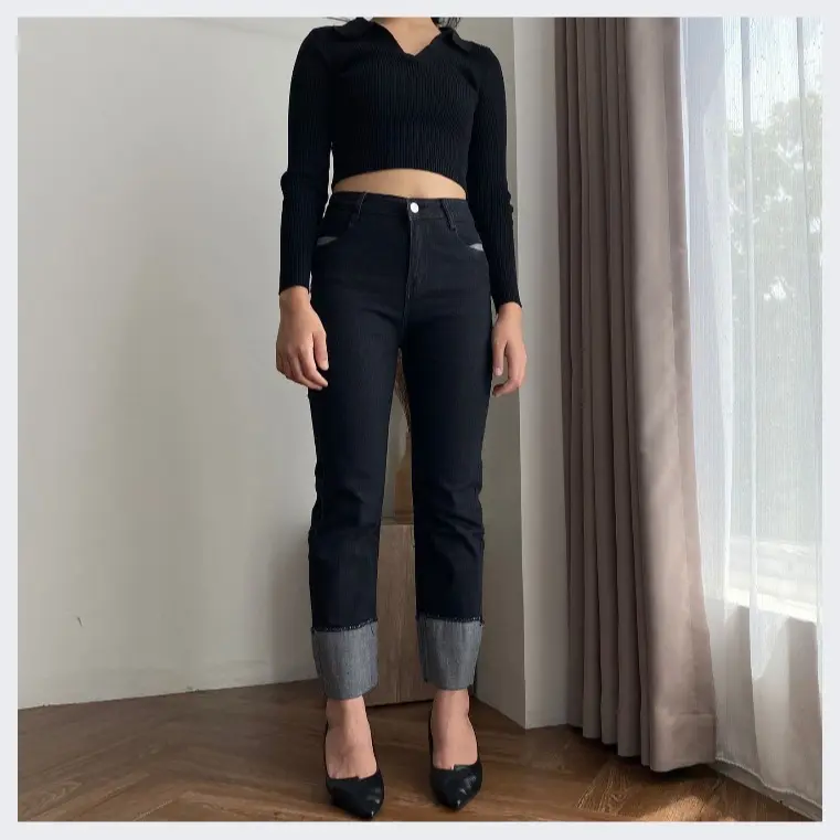 Shenel | Hailey Celana Jeans Wanita Highwaist Stretchy Jeans Melar Kaki Lipat Celana Jeans Panjang Cigar Pants Slim-fitting Denim Nyaman Kancing Cutbray high water baggy hitam z