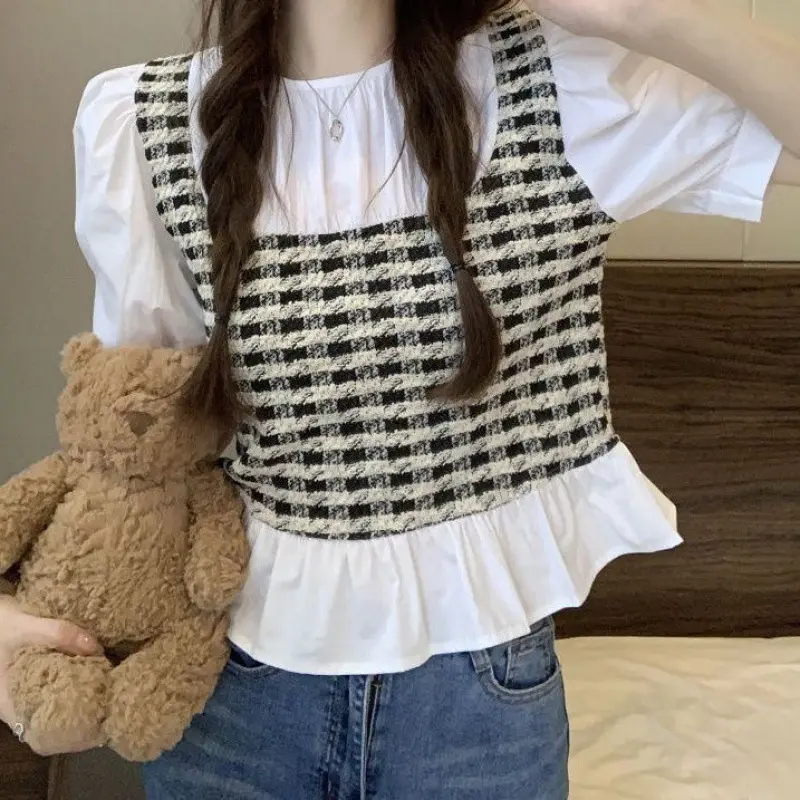 yikoo-Blouse korea blus kain perca kotak-kotak atasan wanita