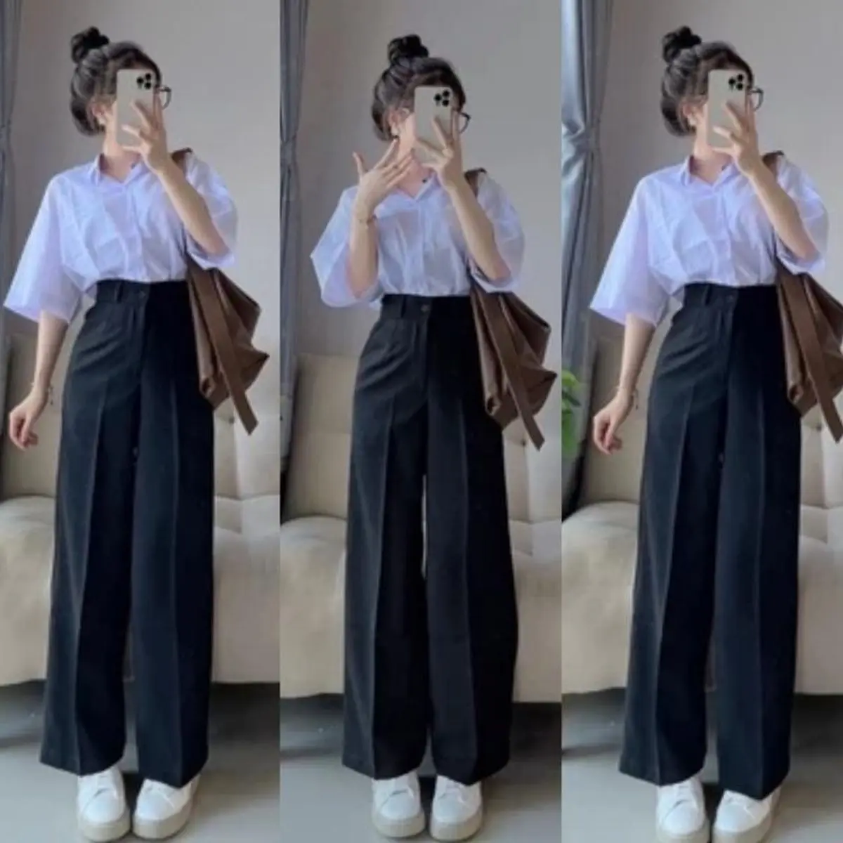 Quần Suông Ống Rộng Nữ Lưng Cao Đi Học 1 Cúc Màu Đen Khóa Trước Vải Tuyết Mưa Mềm Quần Tây Nữ Dáng Dài Cạp Cao Mặc Làm công sở Ong Women Kem Pants quanongsuong