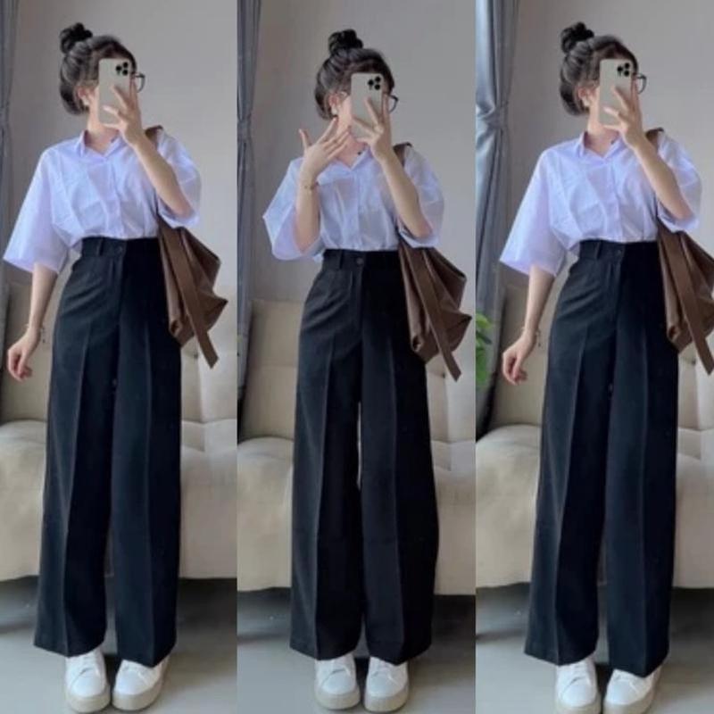  Quần Suông Ống Rộng Nữ Lưng Cao Đi Học 1 Cúc Màu Đen Khóa Trước Vải Tuyết Mưa Mềm Quần Tây Nữ Dáng Dài Cạp Cao Mặc Làm công sở Ong Women Kem Pants quanongsuong 