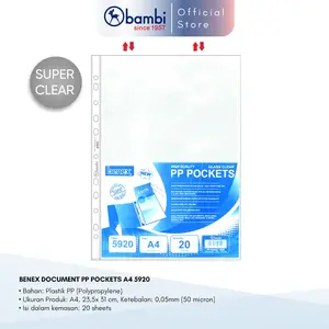 Benex Document Pocket Sleeve / Sheet Protector A4 Isi 20 Lembar Ketebalan 0.05 mm Tipe 5920