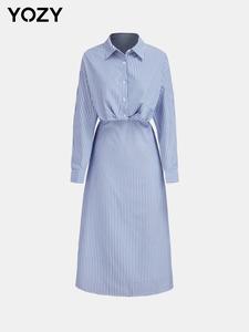 YOZY Women's Striped Print Button Front Shirt Dress, Elegant Drop Shoulder Long Sleeve Collared Dress for Spring & Fall, Women's Clothing for Work Office Business