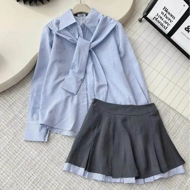 Set Sơ Mi Kẻ Cổ Buộc Khăn Mix Chân Váy Xếp Ly Xinh Xắn Hot Women Nữ Top áo tay gập dothudong thoitrang tiktok