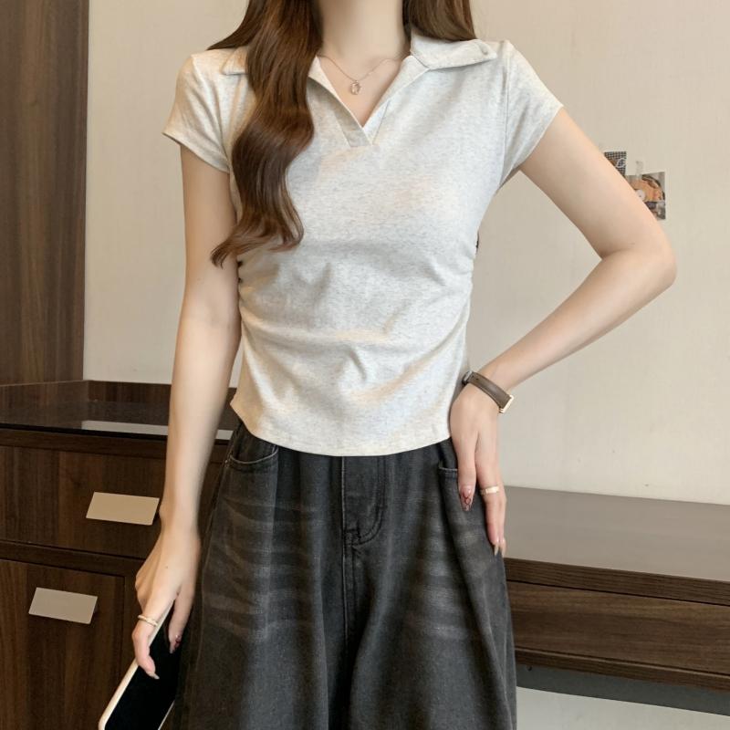 Product Introduction of 106 # Real Shot Real Price 40s Pure Cotton 210g (92% Cotton/8% Spandex) Polo Collar Waist-Cinching Short Sleeve T-Shirt for Women Top Womenswear 23