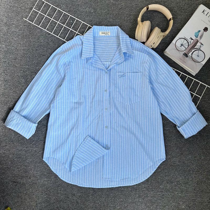 Product Introduction of Áo Sơ Mi Nữ Kẻ Sọc Vừa Trẻ Trung 1 Túi Thêu, Sơ Mi Chất Đũi Xược Mềm Mại, Thấm Hút Mồ Hôi Freesize TiQi Clothing áo sơ mi sọc cá tính somi han quoc 9