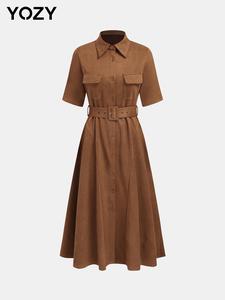 YOZY Women's Plain Button Front Belted Shirt Dress, Casual Short Sleeve Collared Dress for Daily Wear, Ladies Clothes for All Seasons