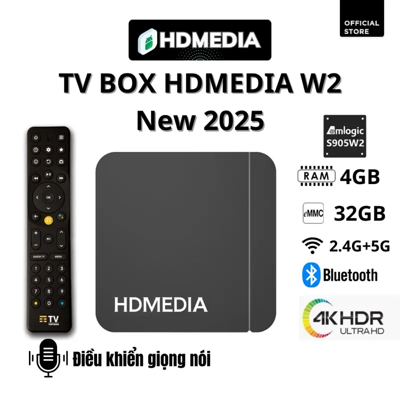 TV BOX HDMEDIA W2 2025 BỘ NHỚ 32GB RAM 4GB ĐIỀU KHIỂN GIỌNG NÓI BẢO HÀNH 1 NĂM 0