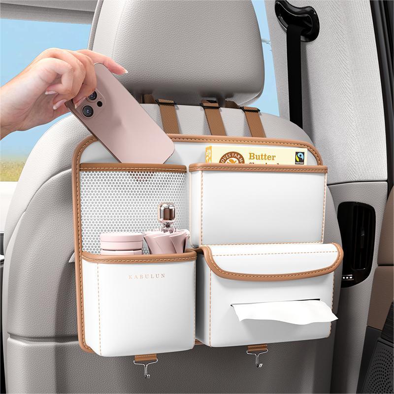 Product Introduction of Car Seat Back Organizer, Durable Seat Back Storage Bag with Tissue Box Bag Hooks, Multi-functional Car Interior Accessories 0